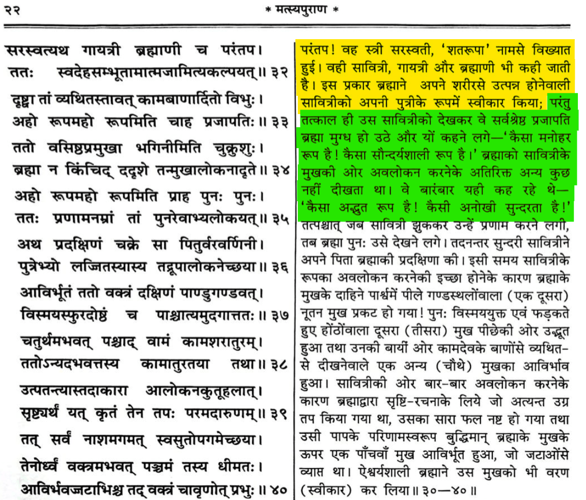 Brahma's intense urge towards his own daughter in Matsya Purana